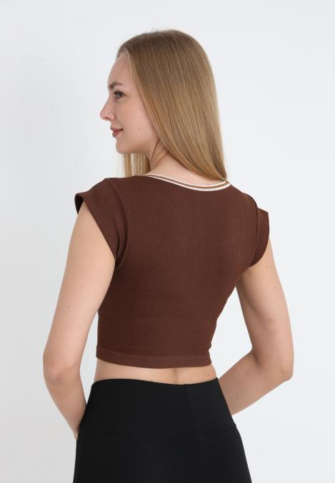Crop Tricou Damă cu Mânecă Scurtă ,Culoarea Maro,Engros
